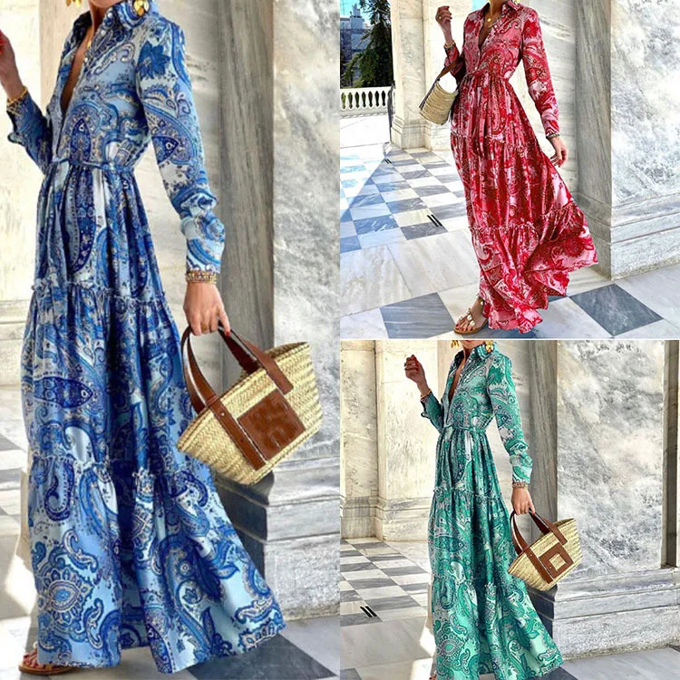 

2021 new temperament printed celebrity dress skirt big swing dress spot female