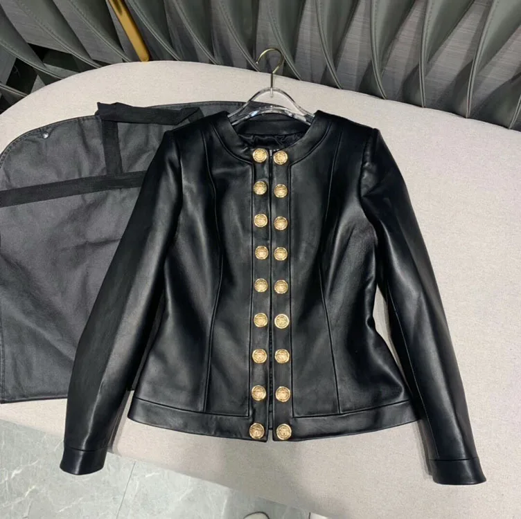 

2020 Spring Women's New Fashionable Cool Ladies Double Breasted Sheepskin Black Jacket Free Shipping Worldwide