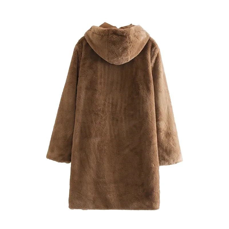 Куртка женская из искусственного кроличьего меха длинная с капюшоном | Женская