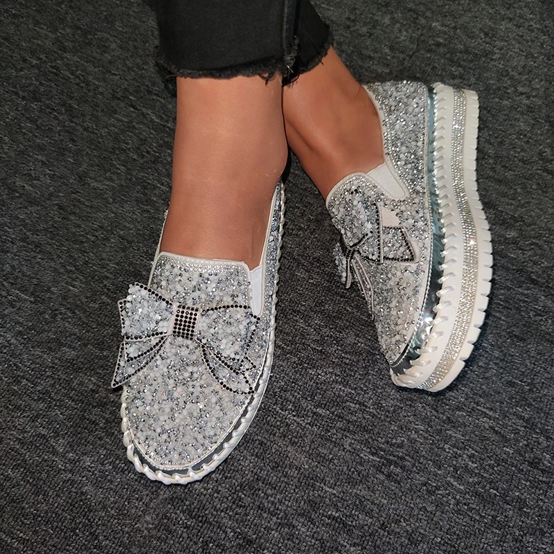 

Women Shining Rhinestone Slip-on Loafers With Cute Bowknot Thick Botton Lazy Casual Ladies Shoes Rhinestones Female Flat Shoes