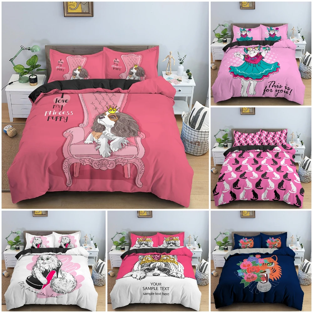 

Комплект постельного белья с милым рисунком животных, пододеяльник с мультяшным котом и собакой, детская спальня, односпальное, двуспально...