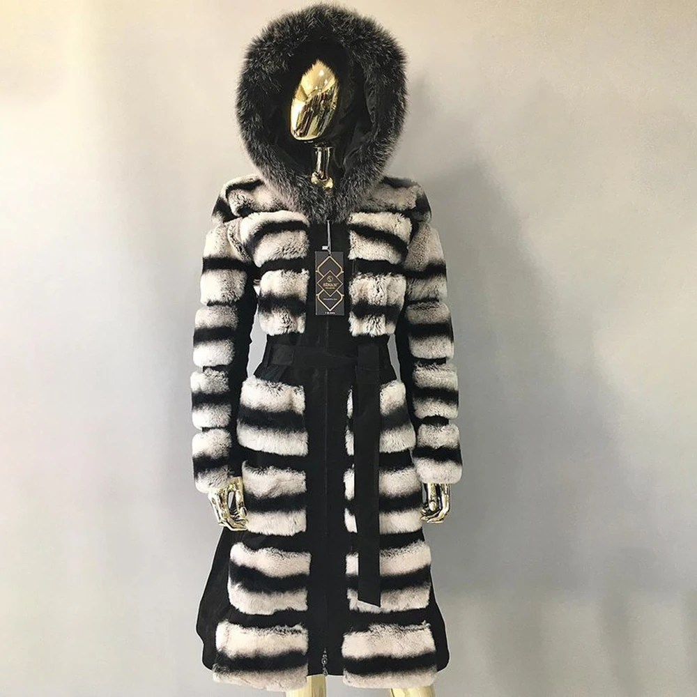 Winter Fashion Real Rex Rabbit Fur Coats with Silver Fox Fur Hood Natural Women Causal Full Pelt Genuine Rex Rabbit Fur Jacket