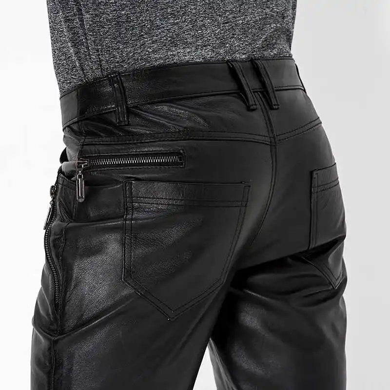 

Nieuwe Mannen Koeienhuid Lederen Broek Koreaanse Tij Potlood Broek mannen Business Casual Mode Motorfiets Bruin Slanke Broek