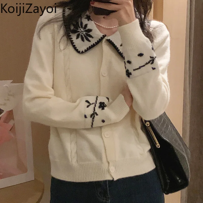 

Женский вязаный свитер с цветочной вышивкой Koijizayoi, корейский однобортный Кардиган с воротником Питер Пэн, топы с длинными рукавами
