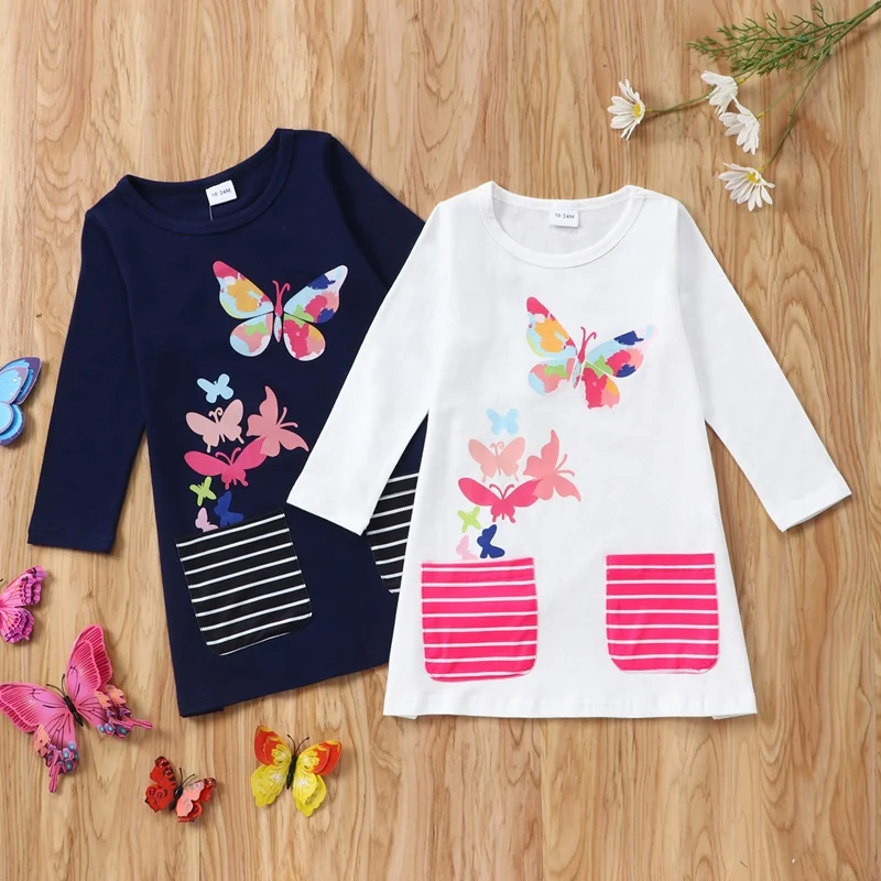 

New Spring Fall Kids Dresses for Girls Kids Clothes Butterfly Pocket Long Sleeve Girls Dress Girls Clothes Children Clothes 0-6Y