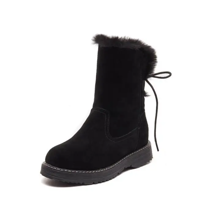 Black Winter Leather Warm Snow Shoes Women Boots mid-calf Plush Fur Velvet Boots Female shoes Booties Woman Footwear y190 - Color: Black