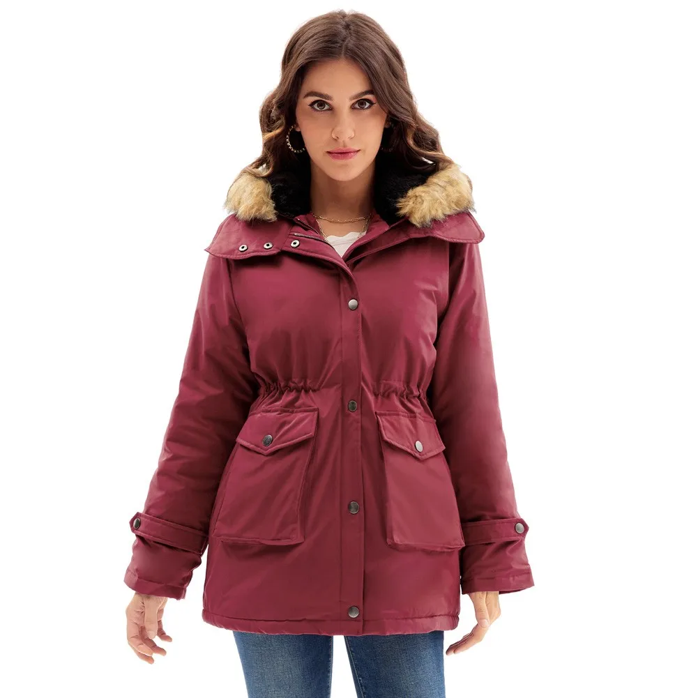 

GK Women Elastic Waist Outerwear Dual-Zipper Hooded Fleece Lined Padded Coat Plush Lining, Waist Cotton Jersey Padded Outerwear