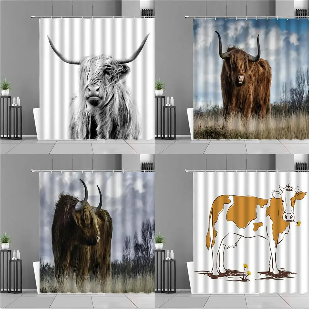 

Ancient Animal Highland Cattle Shower Curtains Scotland Wild Animals Bath Curtain Home Bathroom Bathtub Decor Screen Waterproof