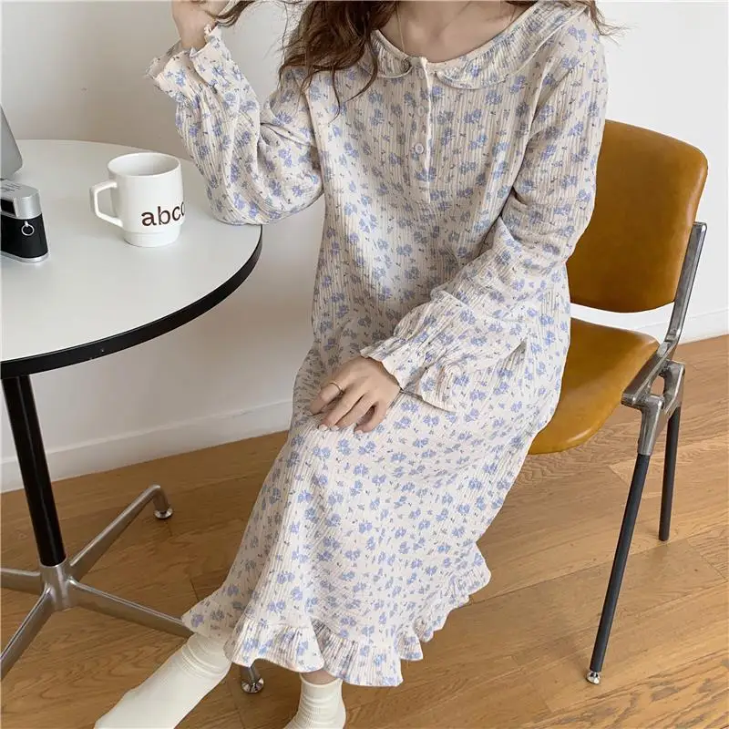 QWEEK Cotton Sleepwear Women Chinese Style Nightie Floral Print Long Nightgrown Autumn White Fairy Dress Nightwear Dressing Gown