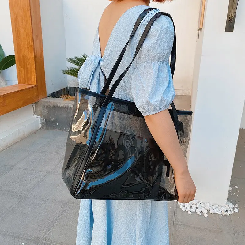 

2021 travel bag female waterproof plastic bag PVC cosmetic bag female makeup bag toilet bag shopping bag shoulder bag handbag