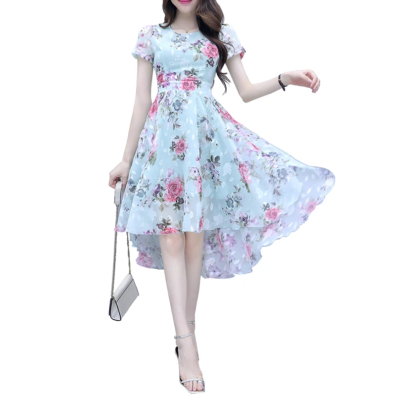 

Fashion Maxi Dresses For Women Summer 2021 New Short-Sleeved Dresses Korean Slim Slimming Printed Chiffon Elegant Dovetail Dress