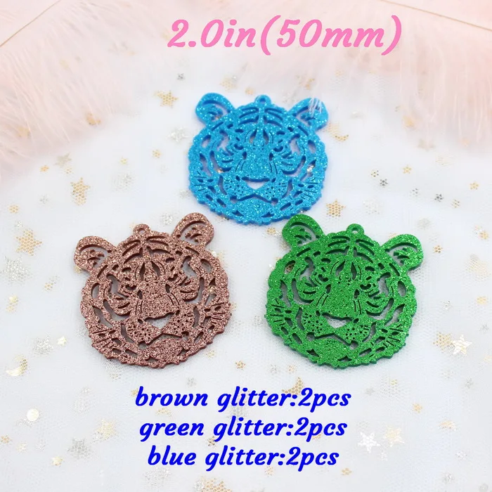 green glitter 6pcs 50 мм акриловые тигровые серьги праздничные подарки черный, белый, розовый/бирюзовый, желтый, матовый/зеркало/блеск серьги с тигром "-AC1277 - Цвет: green glitter 6pcs