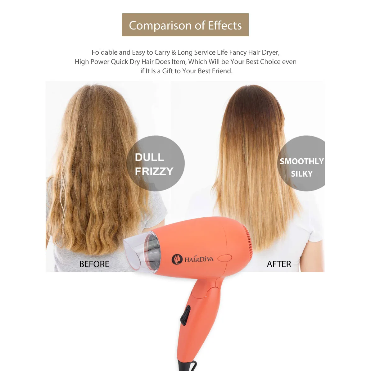 Компактный мини-фен для волос с двойной раскладной ручкой HairDiva Corel
