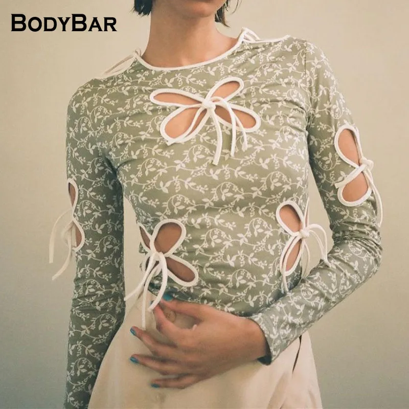 

Elegant Round Neck Floral T-shirt Hollow Bow Tie Women's Top Slim Long-sleeved Bottoming T Shirt 2021 Sexy Fashion Tees For Lady