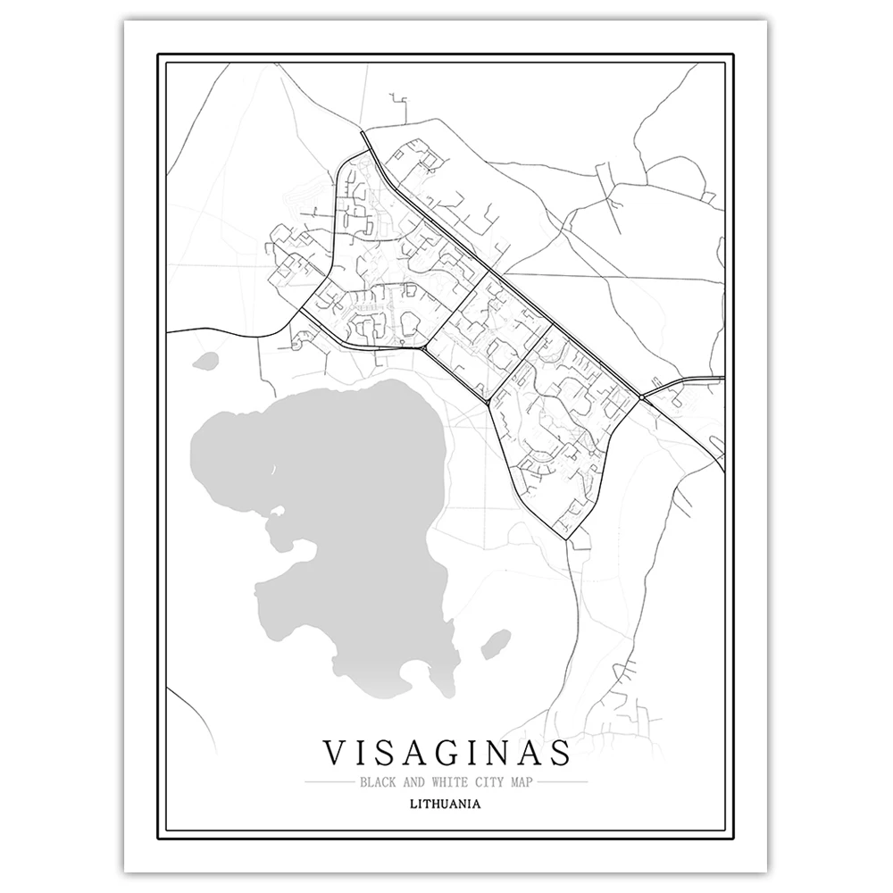Литовский черный белый мир Карта города плакат Скандинавская гостиная Vilnius ROKISKIS настенные художественные картины Домашний декор холст живопись - Цвет: Visaginas