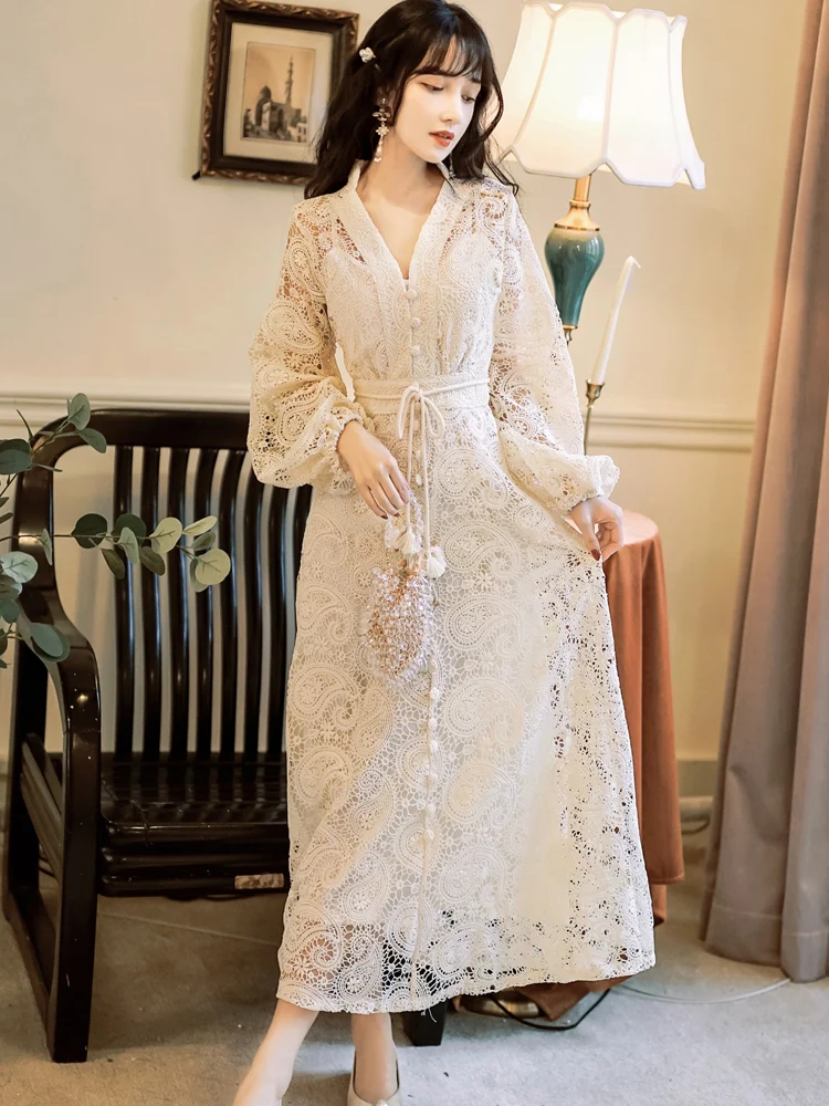 

Embroidery A-Line 2021 Elegant Party Long Sleeve Lace Dresses Women Autumn Spring Runway Boho High Waist Vintage Luxury Dress