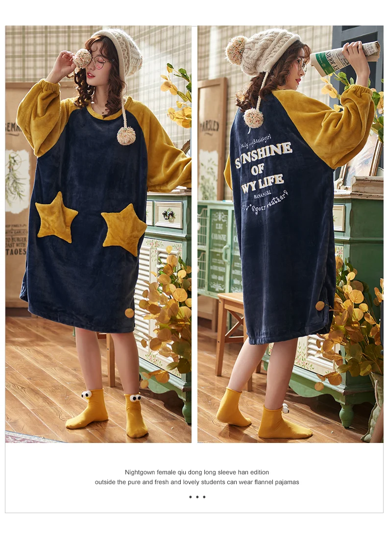 

Flannel Women Casual Nightdress Autumn Winter Cute Starfish Female Thick Warm Dress Women Sleepwear Home Suit Girls Gift