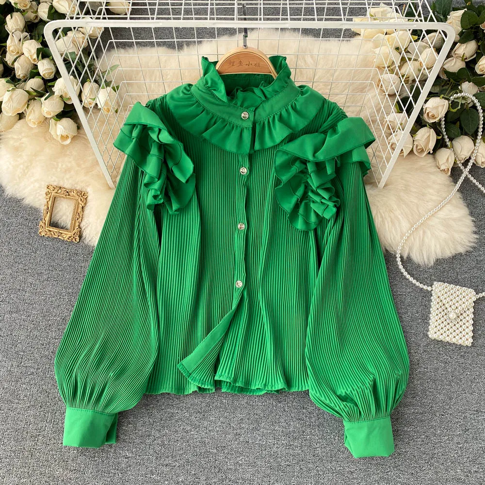 

Autumn Vintage Green/Black/White Draped Blouse Elegant Ruffle Stand Collar Single Breasted Puff Long Sleeve Loose Shirt 2021 New