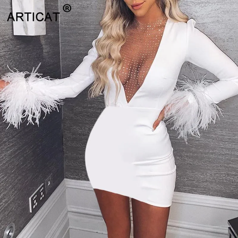 Белый Articat Sexy Deep V Neck Mesh Bodycon Dress Women Long Sleeve Bodycon Sequin Christmas Dress Fashion Winter Party Dress Vestidos - Цвет: Белый