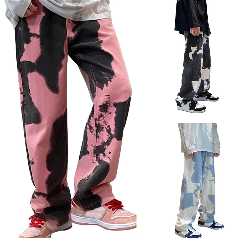 Long Jeans Tie-dye Middle-waist Washed Baggy Loose Denim Pants For Boys Black/pink/light Blue