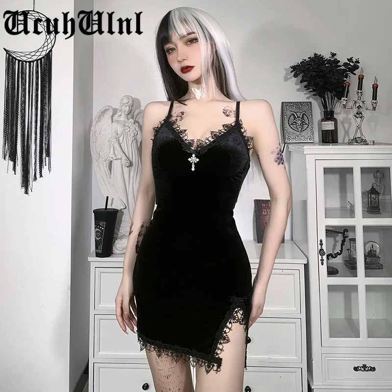 

Gothic Dark Cross Black Mini Dress Vintage Sexy Spaghetti Strap High Waist Slit Dresses Goth Party Club Women Dress