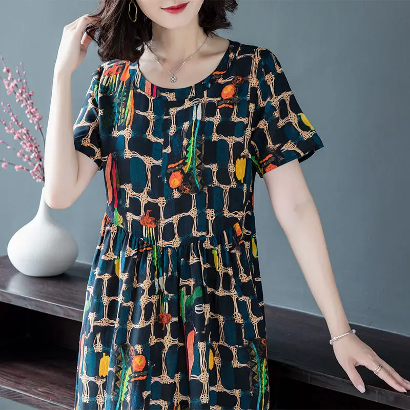 

2021 New Summer Women Fashion Elegant A-Line Dress Retro Print Dresses Faux Silk Slim Midi Dress Lady Casual Veatidos B55