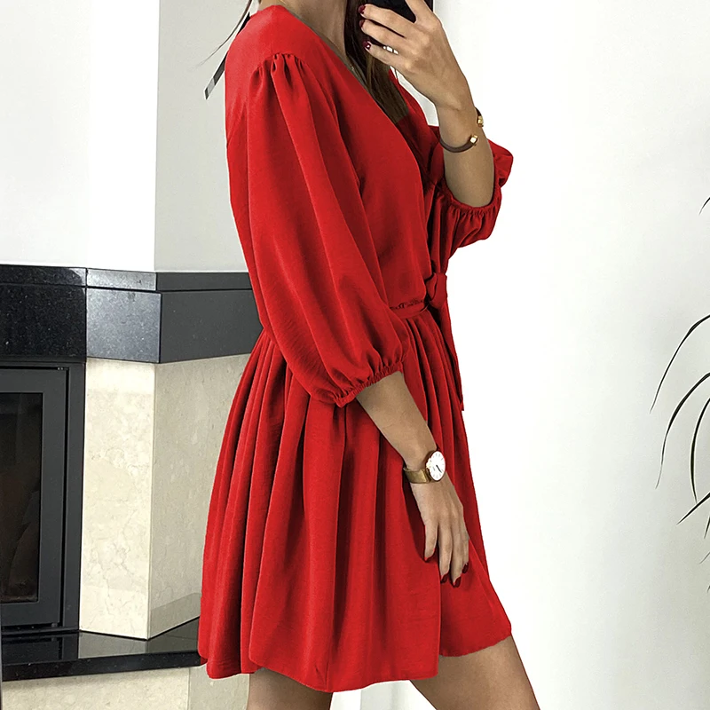 

Women Red Party Dress Spring 2021 Three Quarter Lantern Sleeve Solid Color A-Line Dress with Sashes Casual Ladies Vestidos