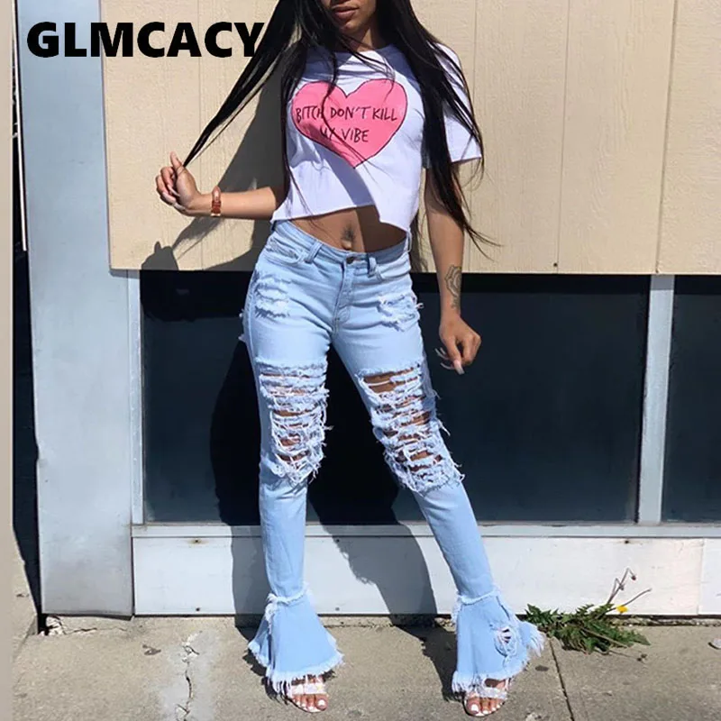 3 Colors Women Ripped Denim Bell Bottom Bodycon Jeans Slim Fit Solid Blue Distressed Pants ( No Stretch ) | Женская одежда