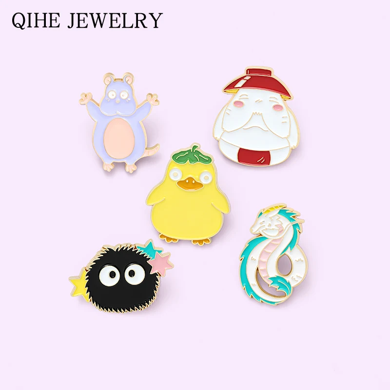 

Hayao Miyazaki Anime Enamel Pin Yellow Duck Mouse Coal Bailong Haku Brooches Cartoon Movie Badge Jewelry Gift for Fans Friends