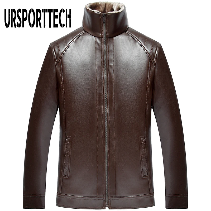 New Fashion Men's PU Leather Jacket Mens Brand Clothing Thermal Outerwear Winter Fur Male Fleece Leather Down Jackets Coats