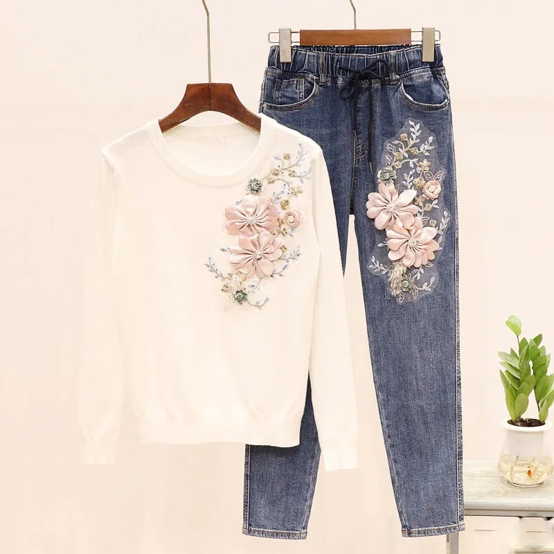 Новый женский повседневный костюм с вышивкой вязаный 3D пуловер в цветочек и