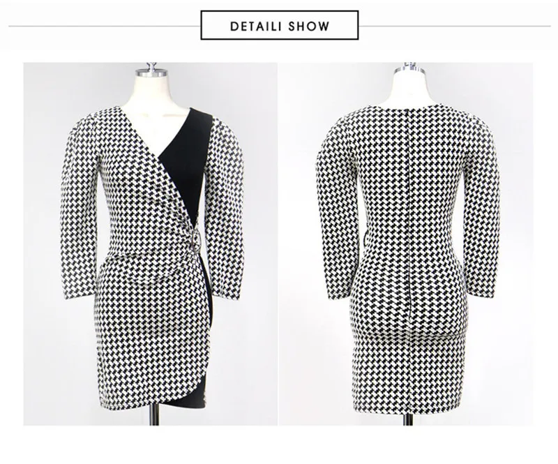 

Vintage Dress Women Summer Elegant Houndstooth OL Dress V-neck Patchwork Slim High Waist Bodycon Mini Dress Sexy Club Dress