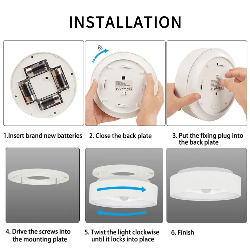 

LED Motion Sensor Ceiling Light Battery Powered Warm White Night Lamps With Light Sensor For Stairway Hallway Laundry Basement
