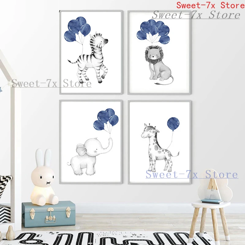 

Blue Balloon Animal Lion Giraffe Canvas Painting Art Nordic Posters and Prints Wall Pictures for Living Room Decor Frameless