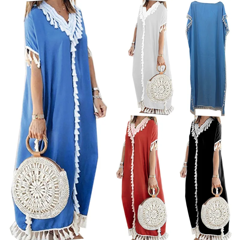 

Dubai Turkey Muslim Caftan Abaya Dress Women Boho Summer Tassel Moroccan Kaftan Sundress Islamic Clothing Long Dresses Musulman