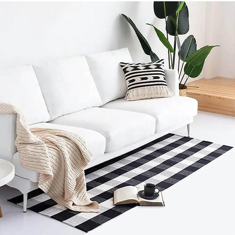 Хлопковый льняной ковер для гостиной черные и белые современные клетчатые