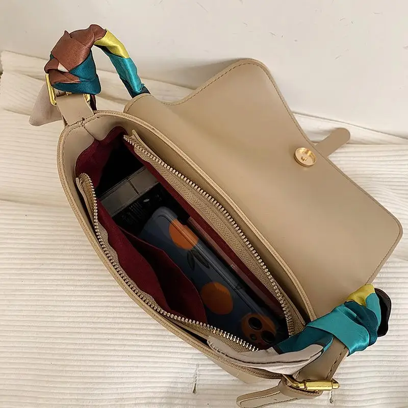 

Luxury PU Leather Women Clamshell Small Square Crossbody Bags Scarf Decoration Handbags Ladies Pure Color Elegant Shoulder Bag