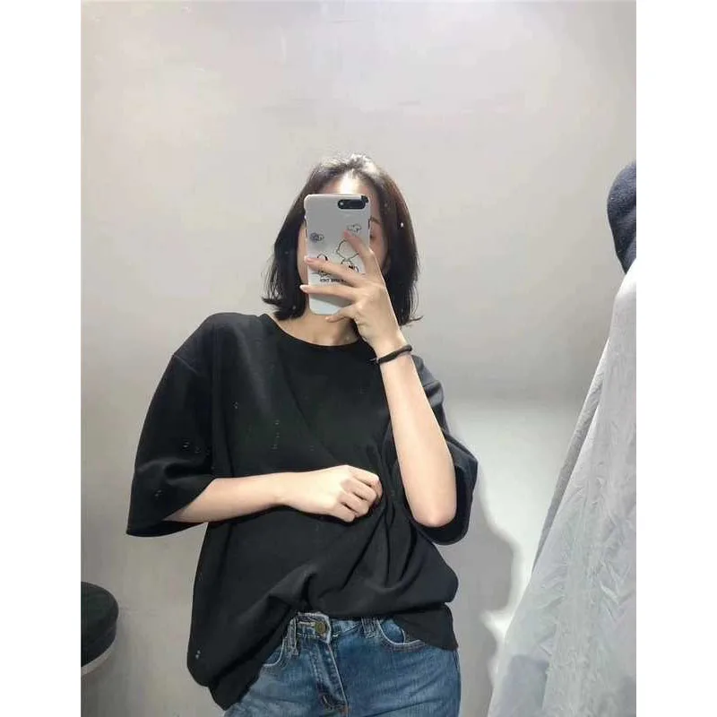 Однотонная женская футболка из 100% хлопка летняя с коротким рукавом и круглым