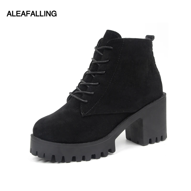 

Сапоги Aleafalling женские из флока, обувь для студентов колледжа, на шнуровке, на молнии, уличная мода, женские сапоги на высоком каблуке AWBT103