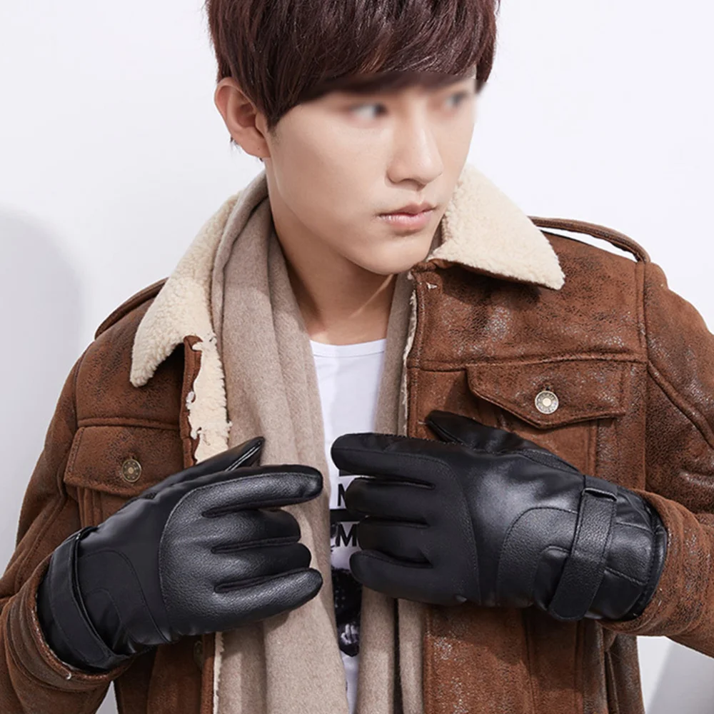 

Leather Thicken Warm Anti-slip Full Cover Screen Touch for Hiking Camping Cycling Fishing (Black)