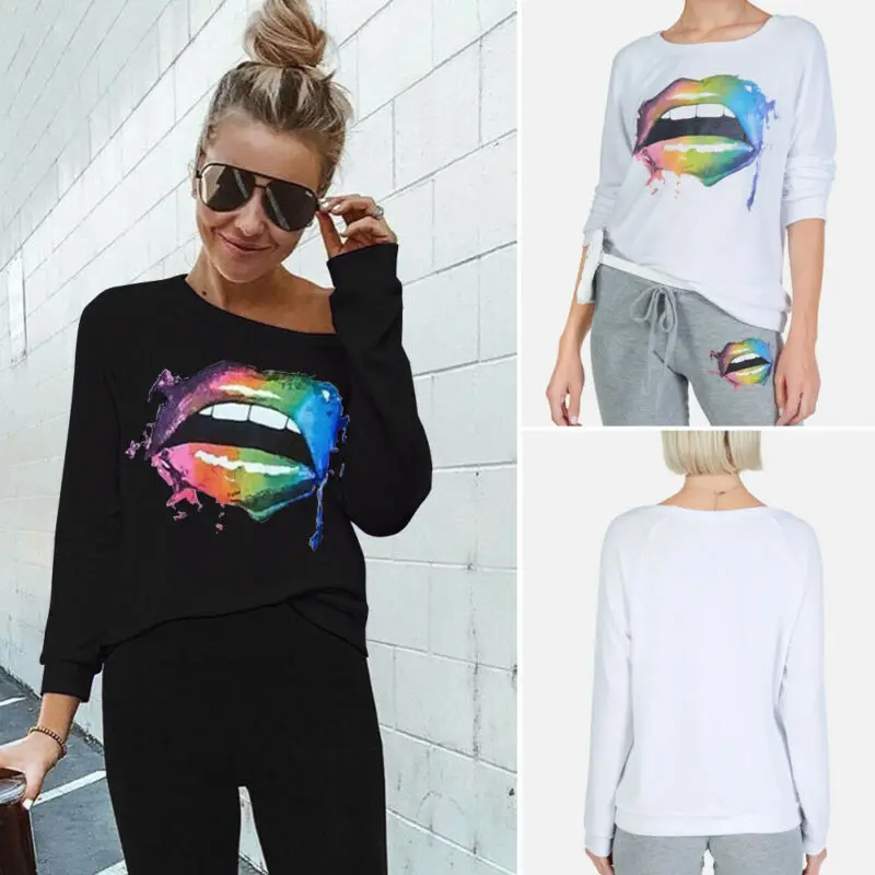 Женская Осенняя цветная с принтом губ круглый вырез длинные рукава Повседневная