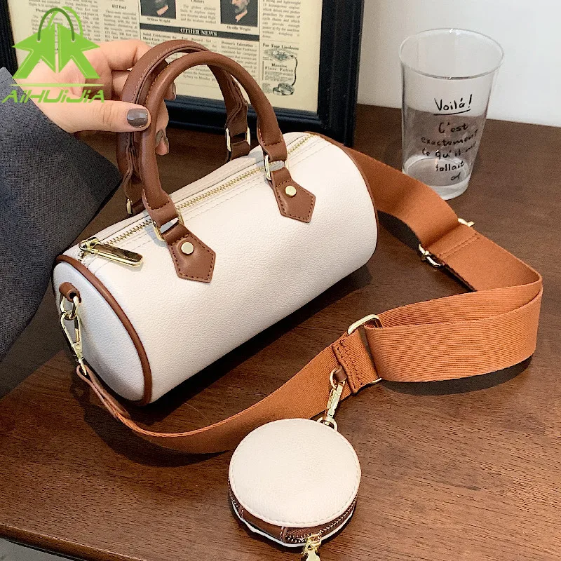 

Fashion Color Contrast Women Shoulder Bags Designer Wide Strap Messenger Bags Luxury Pu Leather Crossbody Bucket Bag 2 Bag Set