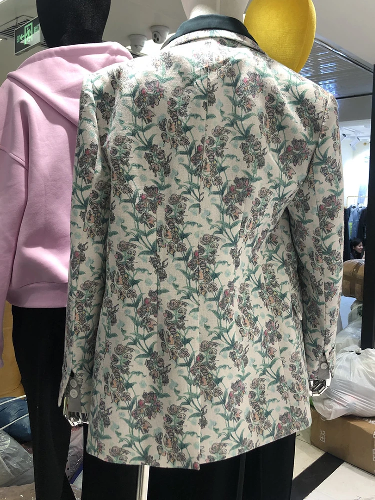 

Contrasting color lapel retro printing loose cotton and linen suit jacket ladies autumn new all-match with brooch free shipping
