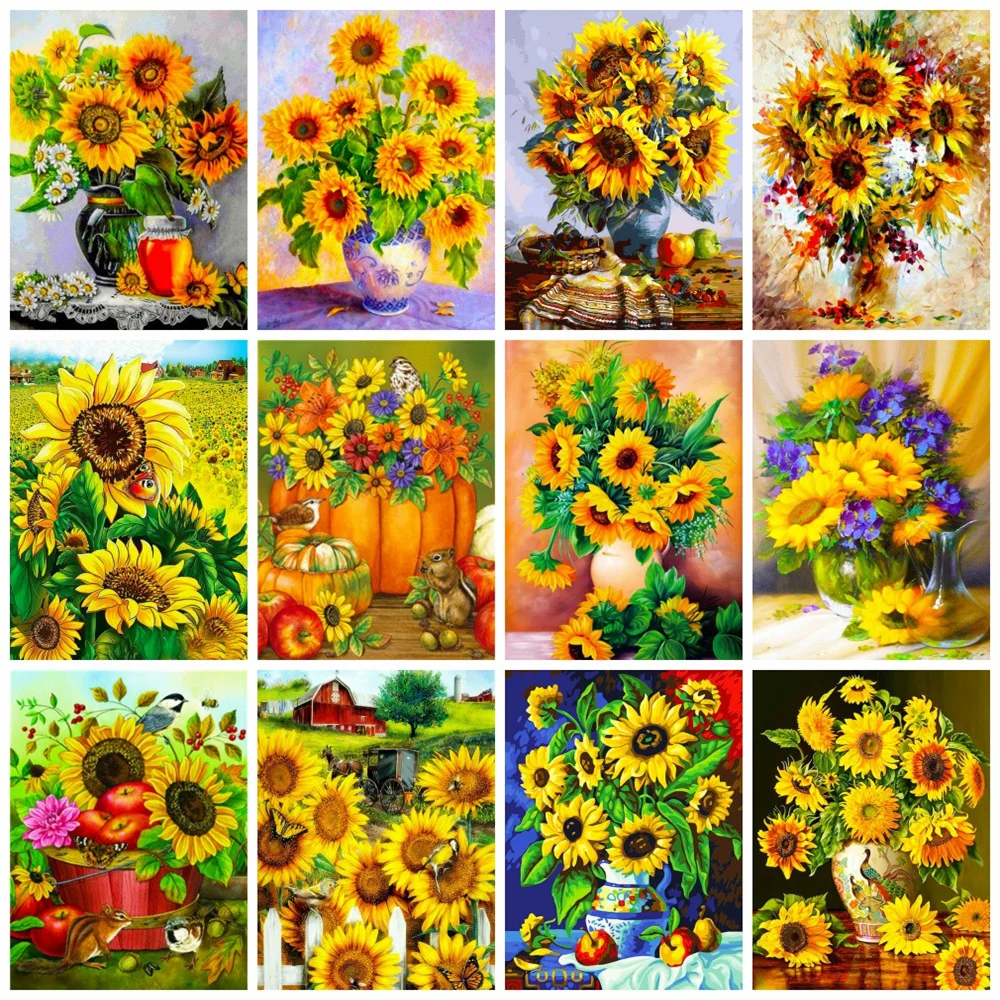 

Huacan Full Square Diamond Painting Sunflower Wall Stickers 5d Diy Embroidery Mosaic Vase Floral Home Decor