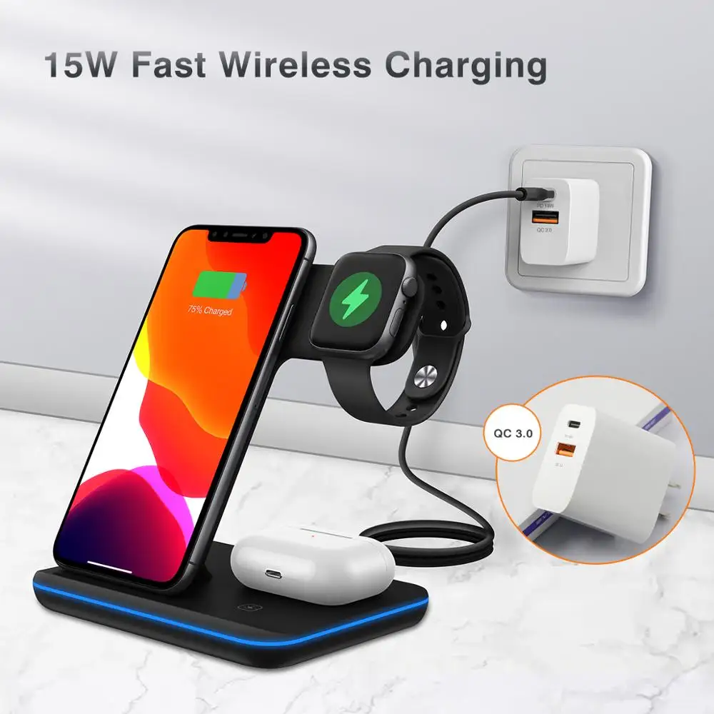 

iHaitun 2020 New Mobile Wireless Phone Charger 3 in 1 Wireless Desktop Charger Station For iPhone 12 Pro Max Mini For Earphones