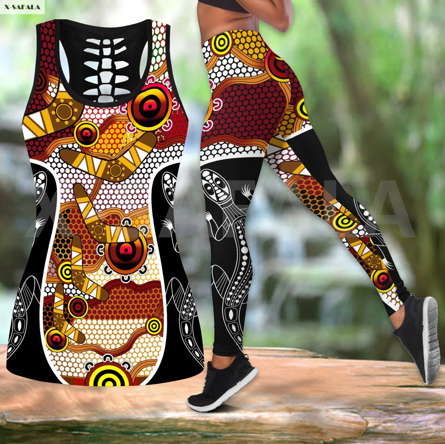 

Boomerang Lizard Two Piece Yoga Set Women 3D Print Vest Hollow Out Tank Top High Waist Legging Summer Casual Sport