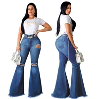 brand new women denim flared long pants retro hole high waist design with pocket slim fit trousers flare jeans