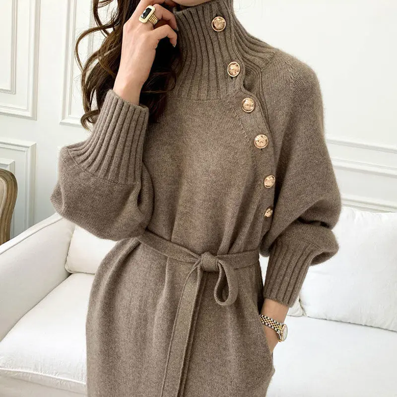 Women Knitted Dress Turtleneck Buttons Full Sleeve Korean Dresses Warm Long Sweater Vestidos Female Clothes 2022 Autumn Spring  - buy with discount