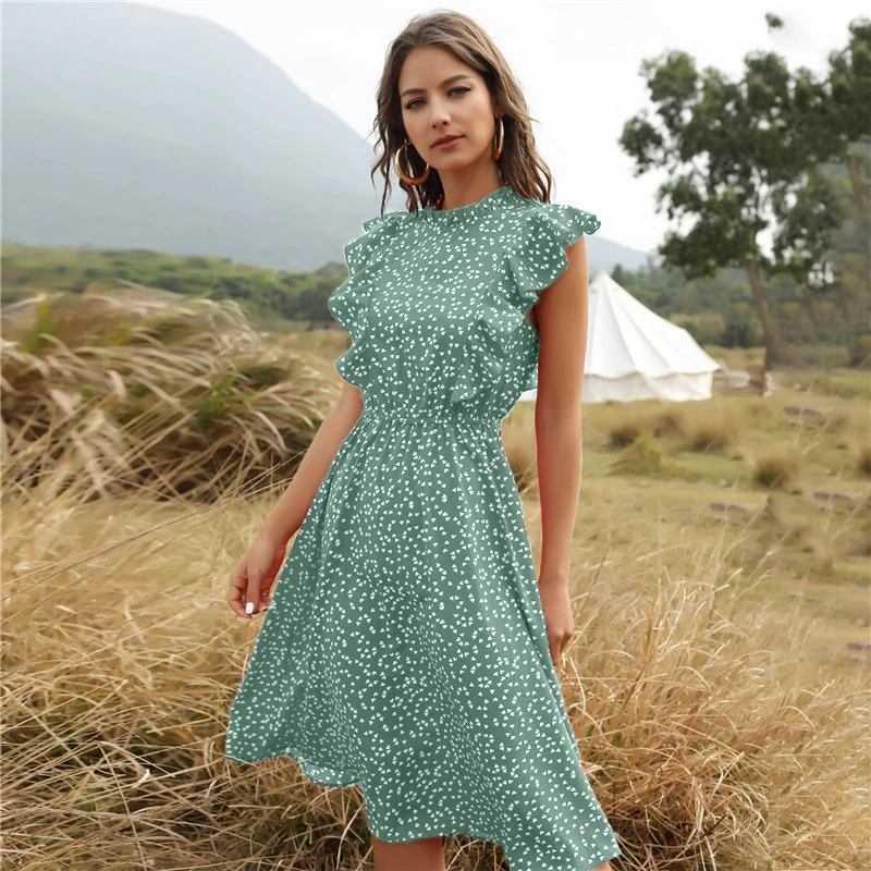 

New Summer Dot Print Dress Women Casual Butterfly Sleeve Ruffles Medium Long Chiffon Dress