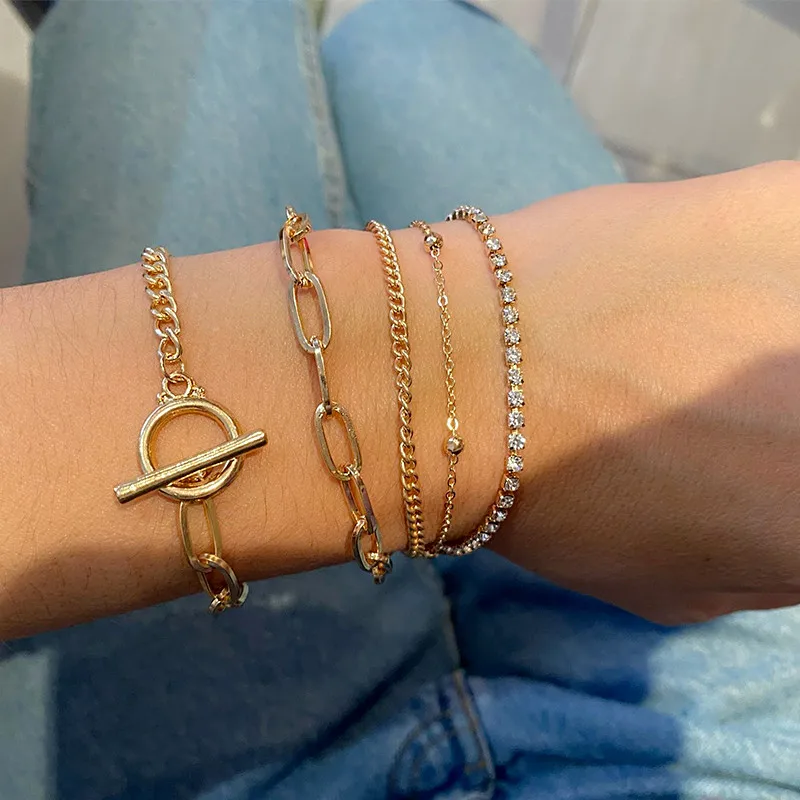 5 шт./компл. OT браслет цепочка с пряжкой Многослойные браслеты кристаллами